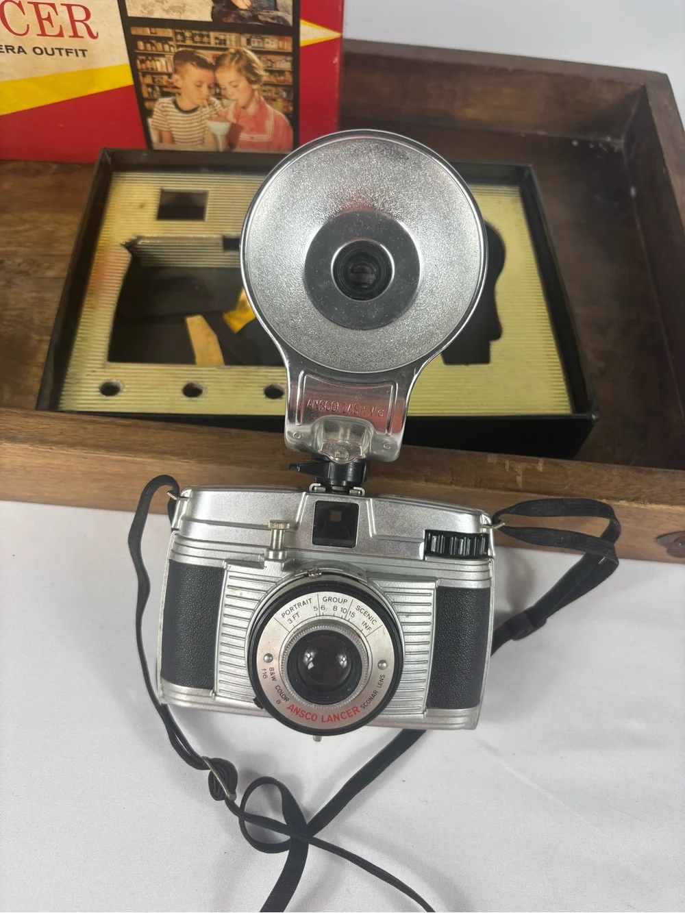 Vintage Ansco Lancer Camera Outfit w/ Flash & Original Box Untested 1950s